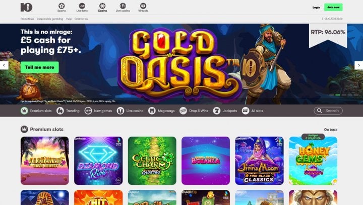 Casino website showcasing Gold Oasis slot game.