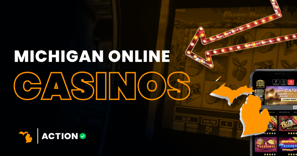 Michigan online casinos advertisement with slot machines.