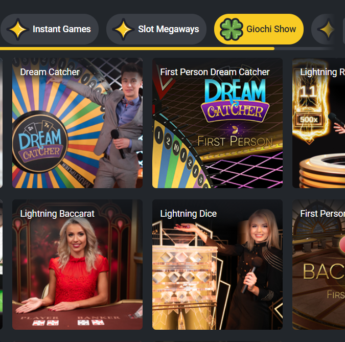 Casino game show options with host images.
