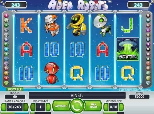Slot machine with alien robot theme.