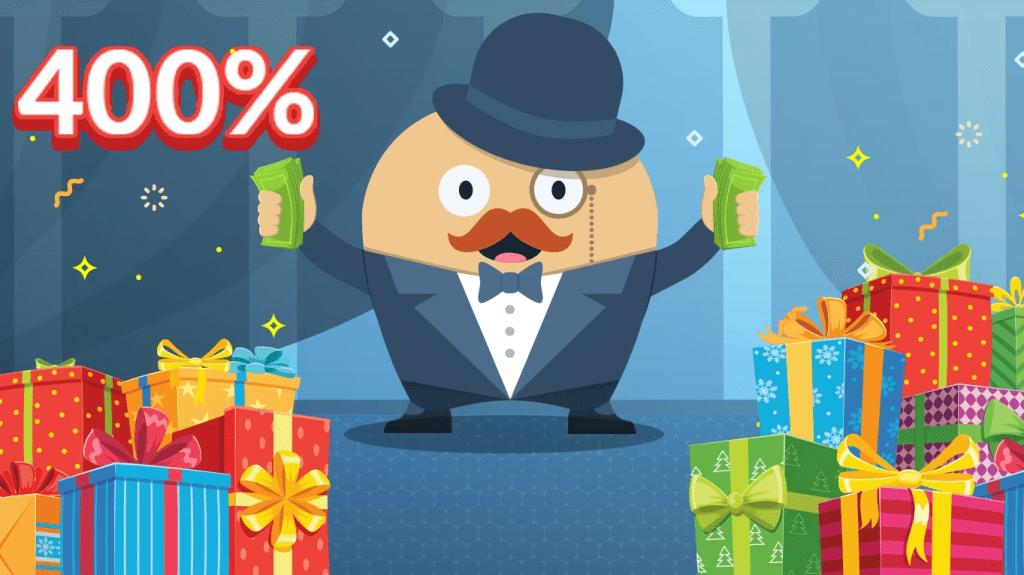 Character with gifts and 400% text.