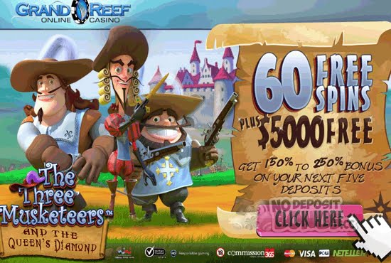 Casino promotion with cartoon musketeers and offers.