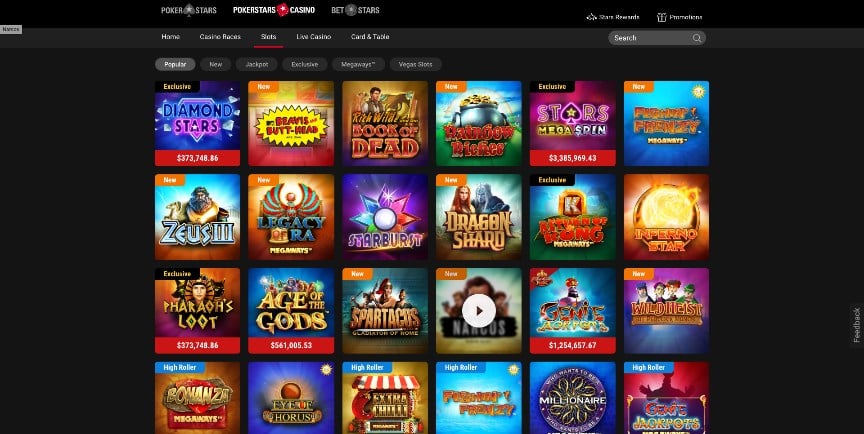 Casino game selection screen with slot titles.