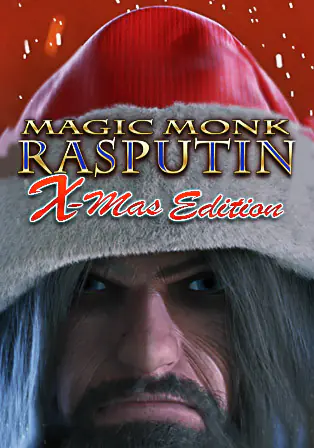 Rasputin wearing a Santa hat, holiday theme.