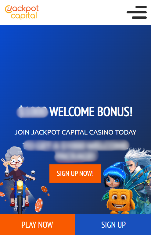 Casino welcome bonus advertisement with characters.