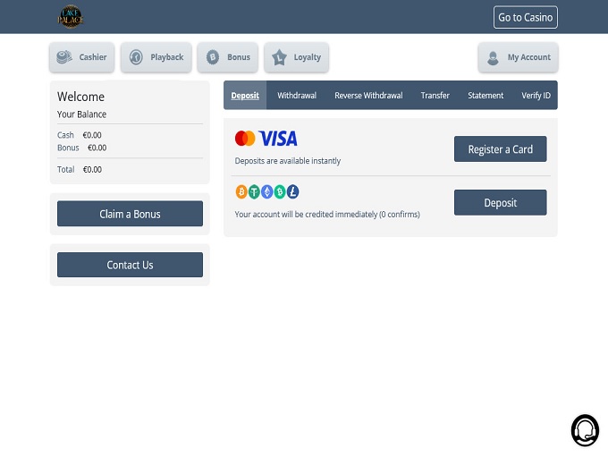 Casino account management and deposit options.