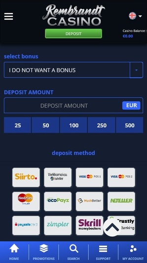 Online casino deposit options and bonuses screen.