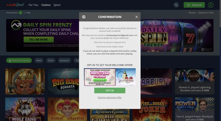 Casino account confirmation pop-up message.