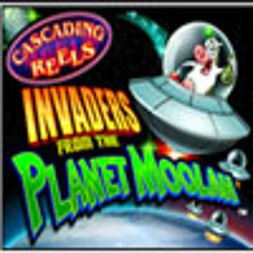 Cartoon cow in spaceship, "Planet Moolah".