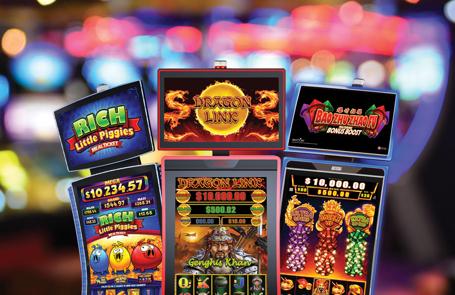 Slot machines with various game titles displayed.