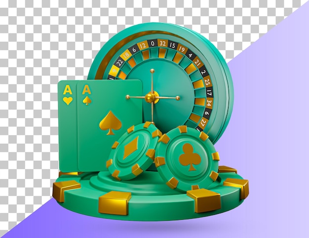 Casino chips and cards with roulette wheel.