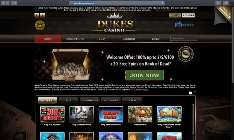 Dukes Casino homepage with promotions and games.