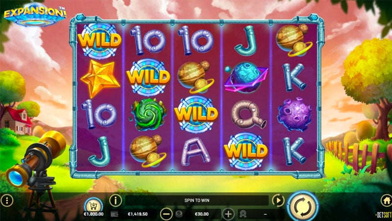 Colorful slot machine game interface with symbols.