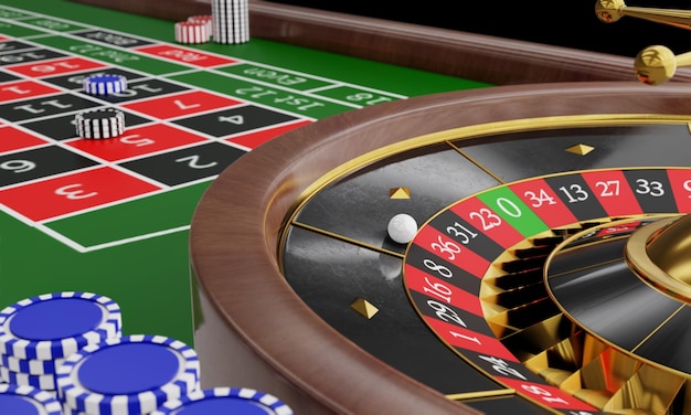 Roulette table with chips and spinning wheel.