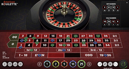 American roulette game layout and betting options.