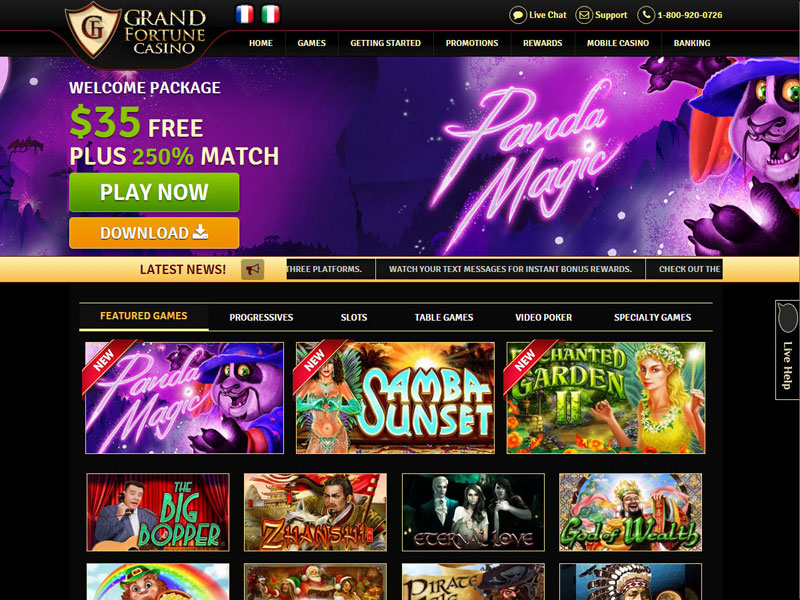 Casino homepage featuring game promotions and offers.