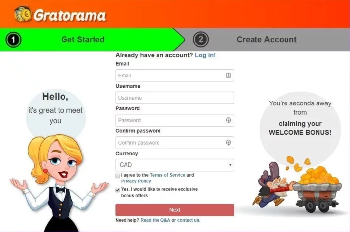 Gratorama sign-up page promotional banner.