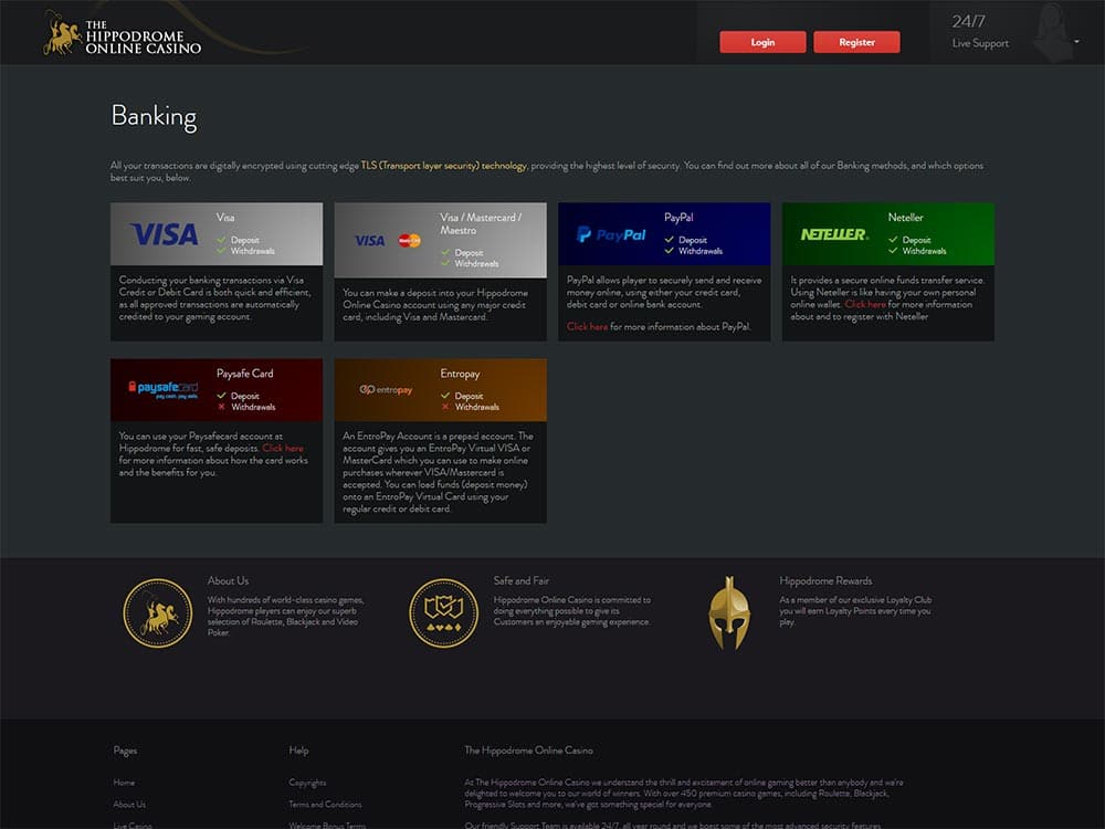 Banking options for Hippodrome Online Casino.