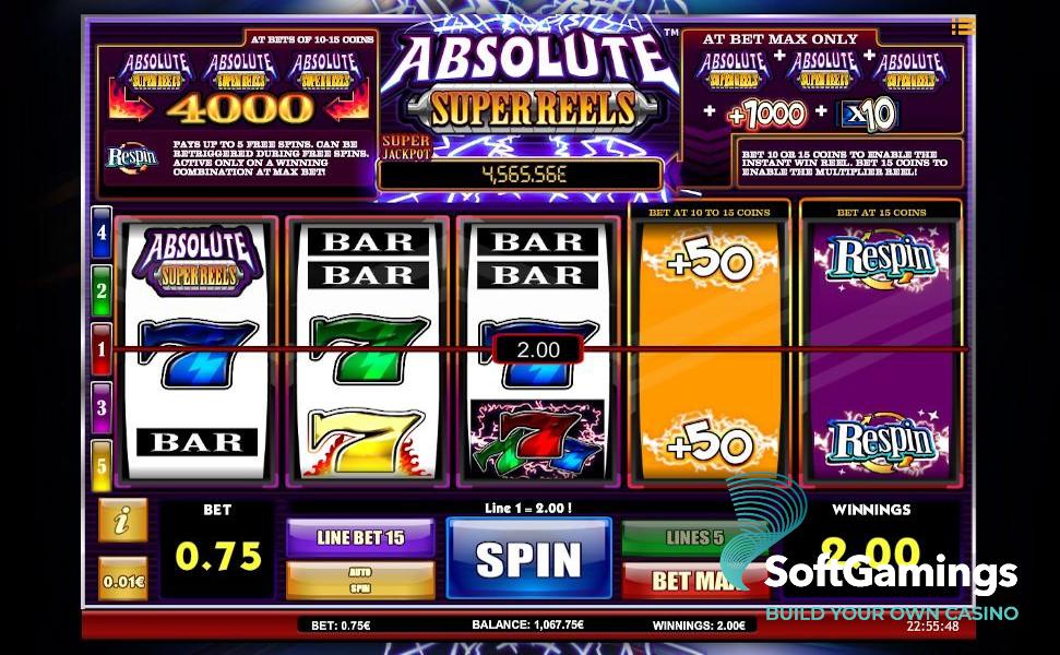 Slot machine game screen with reels spinning.