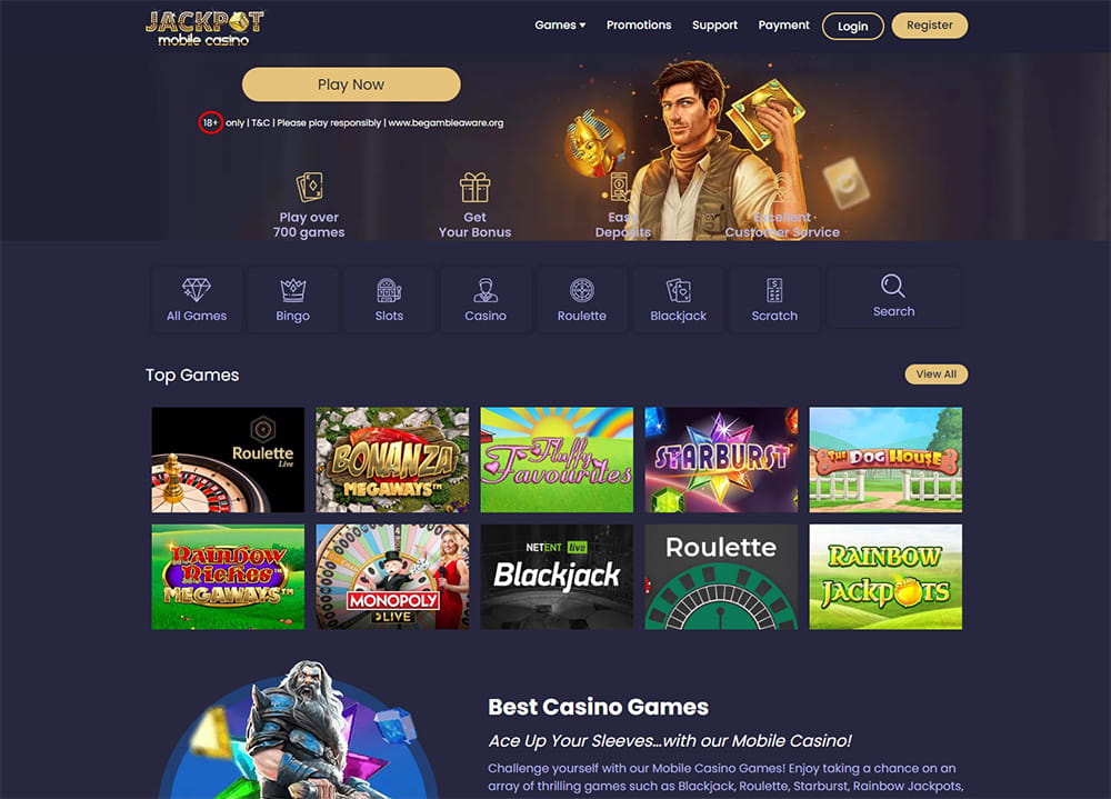 "Mobile casino website showcasing various games."