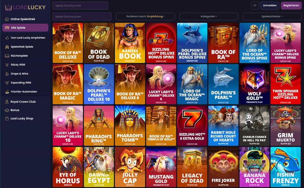 Slot games displayed on Lord Lucky website.