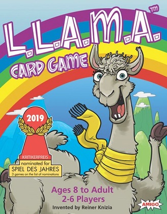 Llama card game cover with rainbow background.