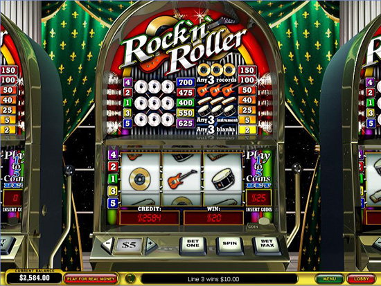 Slot machine displaying Rock 'n' Roller theme.