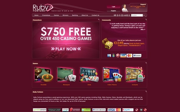 Casino homepage offering $750 free bonus.
