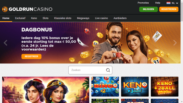 Casino homepage featuring promotions and games.