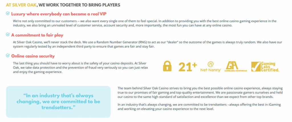 Silver Oak Casino promotes fair play and security.