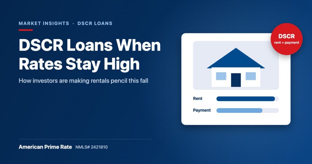 Illustration of a rental house with a rent-to-payment coverage gauge, for a post on DSCR loans in a high-rate market